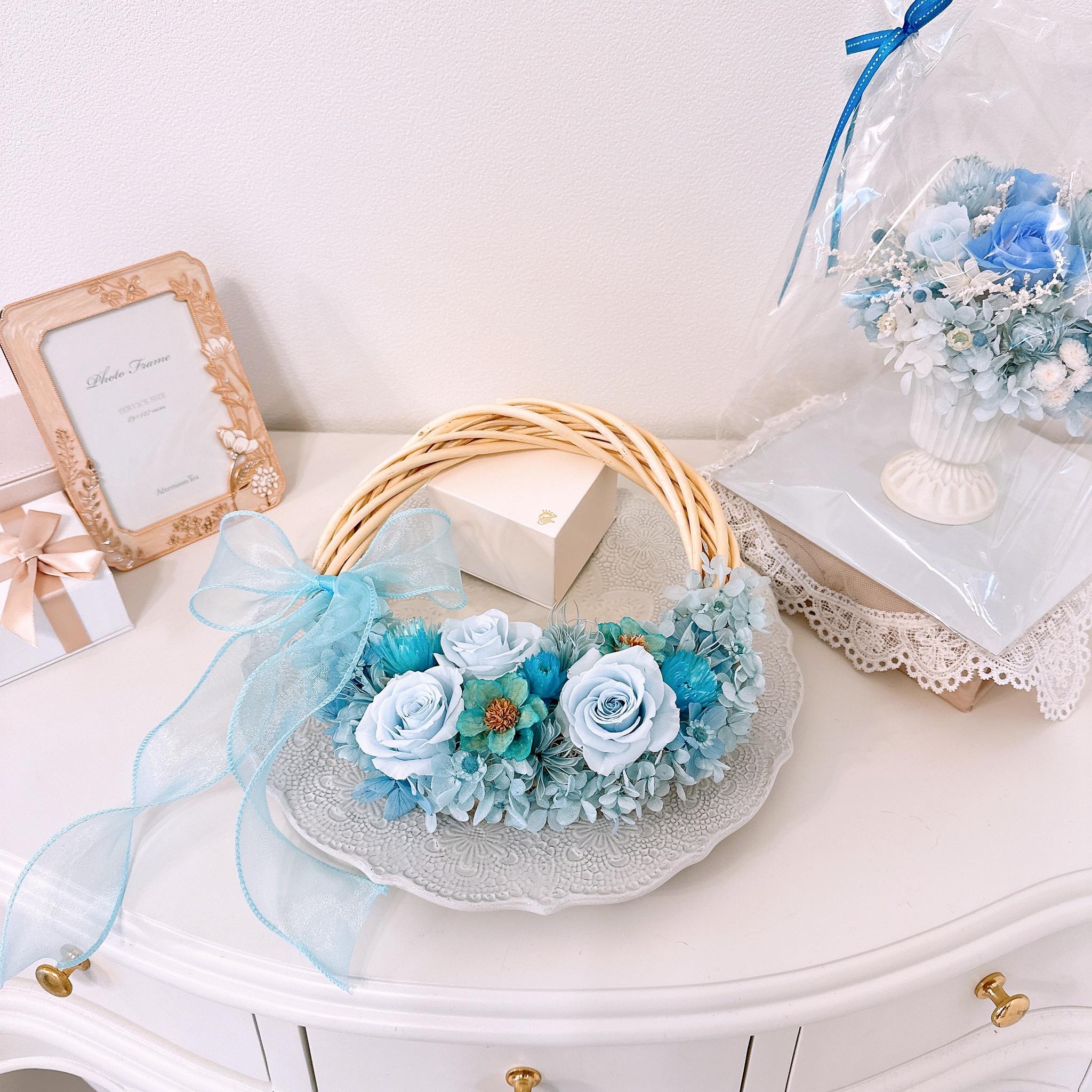 【ハーフリース】ブルー 青 夏色 バラ アジサイ ギフト 結婚 新築 誕生日 長寿 開店祝 お見舞い プリザーブド